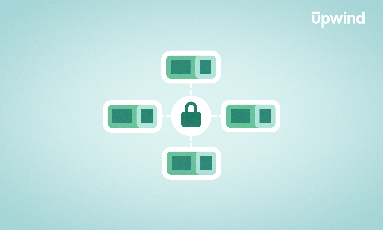 An illustration of a padlock at the center, symbolizing container architecture for security, is connected to four rectangular shapes in a cross pattern on a light blue background. The upwind logo is prominently displayed at the top right corner.