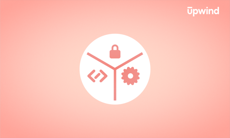 A circular icon with a pink background displays three symbols: a padlock, code bracket, and gear—illustrating the best DevSecOps tools for security, coding, and settings. Upwind is elegantly inscribed in the top right corner.