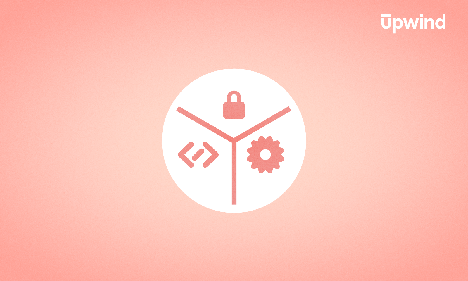 A circular icon with a pink background displays three symbols: a padlock, code bracket, and gear—illustrating the best DevSecOps tools for security, coding, and settings. Upwind is elegantly inscribed in the top right corner.