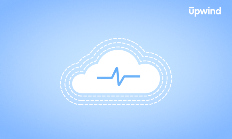 A cloud icon with a heartbeat line, outlined by dashed lines, sits on a light blue background. In the top right corner, upwind subtly prompts the question: What is Cloud Security Monitoring?.