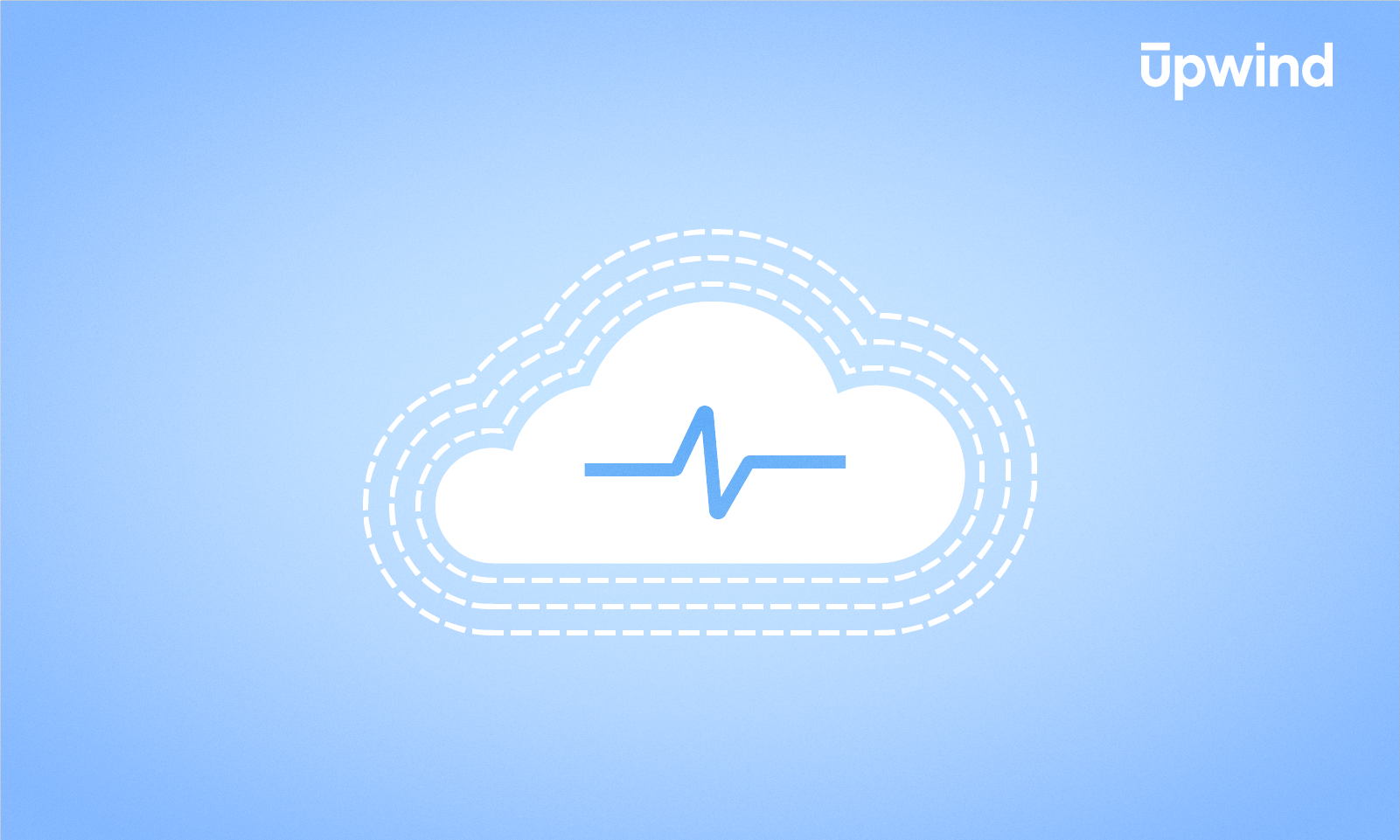 A cloud icon with a heartbeat line, outlined by dashed lines, sits on a light blue background. In the top right corner, upwind subtly prompts the question: What is Cloud Security Monitoring?.