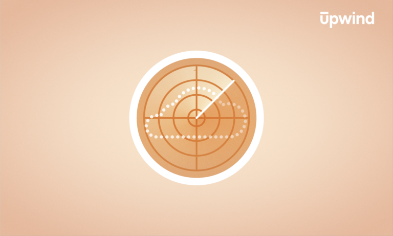 Illustration of a radar screen displaying a stylized white cloud with dotted circles on a light orange background, hinting at EDR vs CDR dynamics. The word Upwind is positioned in the top right corner.