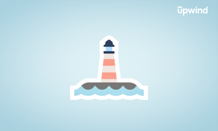 Illustration of a stylized lighthouse with red and beige stripes, standing on a wavy blue base, set against a light blue background. The word upwind appears in the top right corner, symbolizing the strategic direction-taking akin to EDR vs MDR decisions.