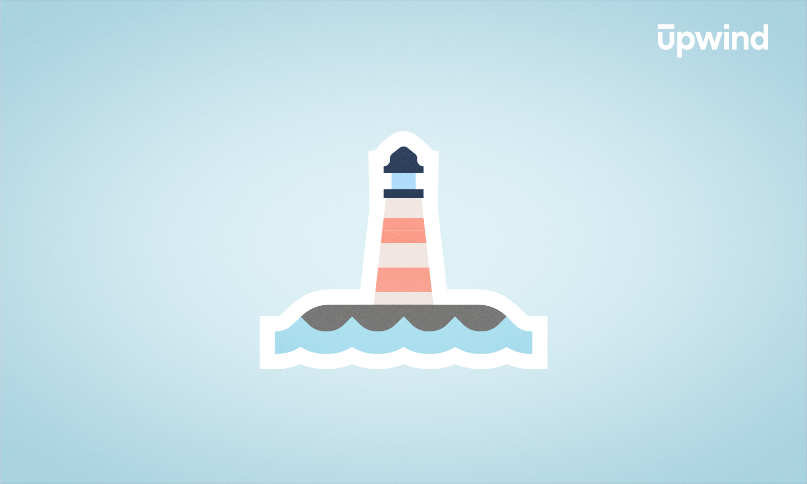 Illustration of a stylized lighthouse with red and beige stripes, standing on a wavy blue base, set against a light blue background. The word upwind appears in the top right corner, symbolizing the strategic direction-taking akin to EDR vs MDR decisions.