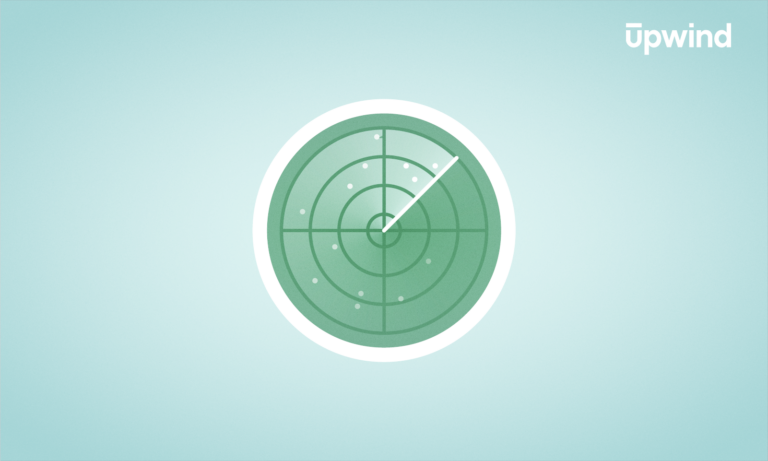 Illustration of a green radar screen with a sweeping white arm and dots indicating objects. The background is light blue, subtly hinting at the vigilance needed in EDR for cyber security, while the word upwind sits confidently in the top right corner.