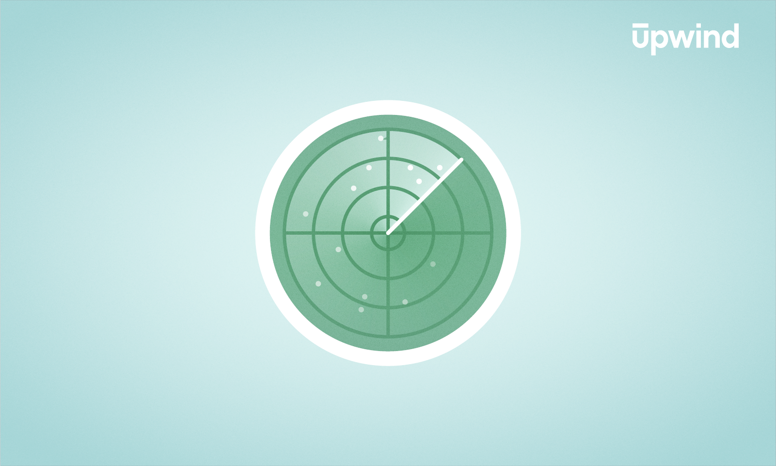 Illustration of a green radar screen with a sweeping white arm and dots indicating objects. The background is light blue, subtly hinting at the vigilance needed in EDR for cyber security, while the word upwind sits confidently in the top right corner.