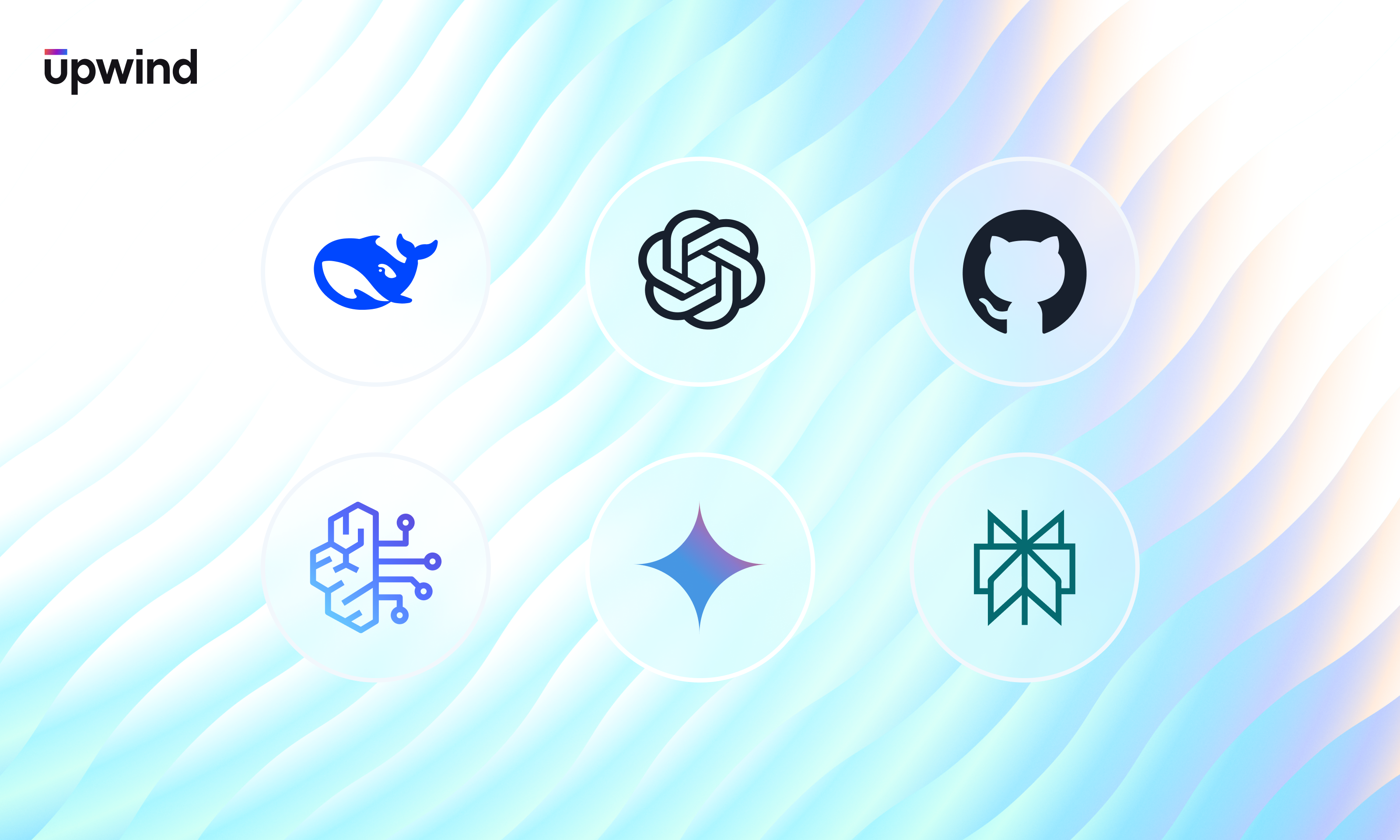 Image showing six logos in circular frames on a wavy blue and white background. Logos include a whale, a geometric shape, a cat silhouette, a circuit design, a star-like shape, and a four-pointed structure. Upwind text is in the top left corner.