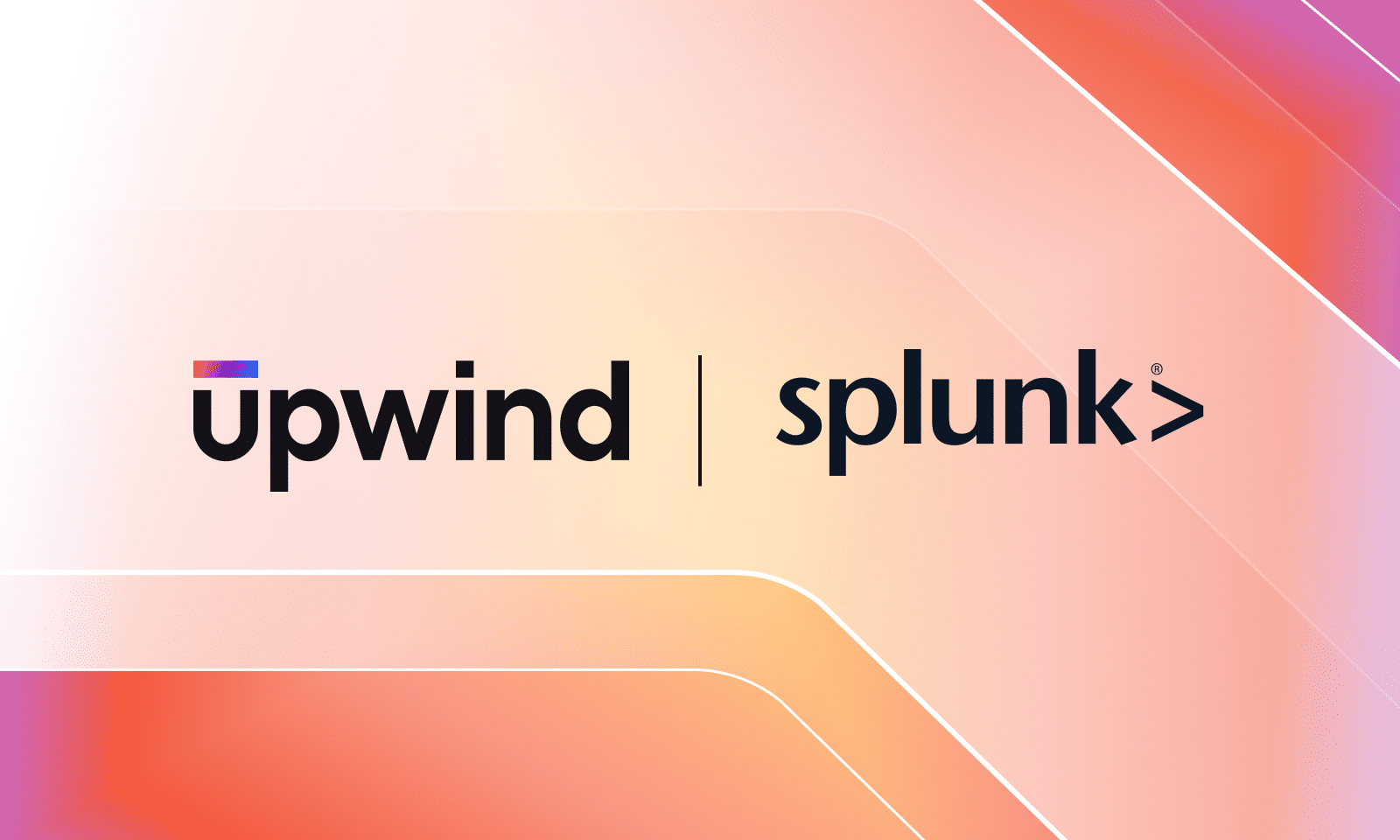 Gradient background with soft orange, pink, and purple hues. The image features two logos: upwind on the left with a multicolored bar over the u, and splunk> on the right with a vertical line separating them.