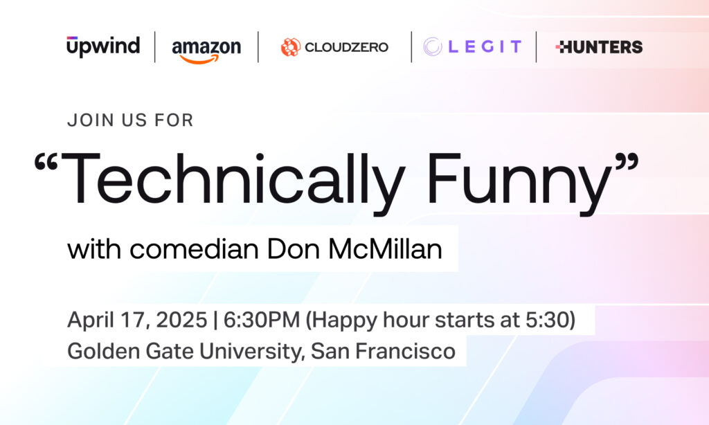 Join us for the Technically Funny Comedy Show featuring comedian Don McMillan. Sponsored by Upwind, Amazon, CloudZero, Legit, and Hunters. Catch the laughs on April 17, 2025, at 6:30 PM with a happy hour starting at 5:30 PM at Golden Gate University, San Francisco.
