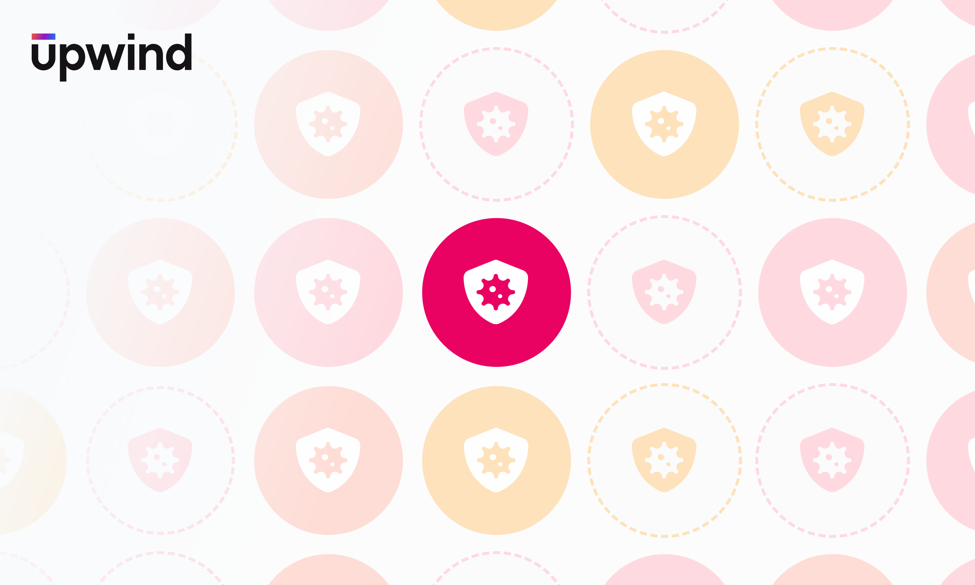 Pink, yellow, and red circles with shield and gear icons are scattered across a white background. The word upwind is in the top left corner. One central red circle is prominently highlighted.