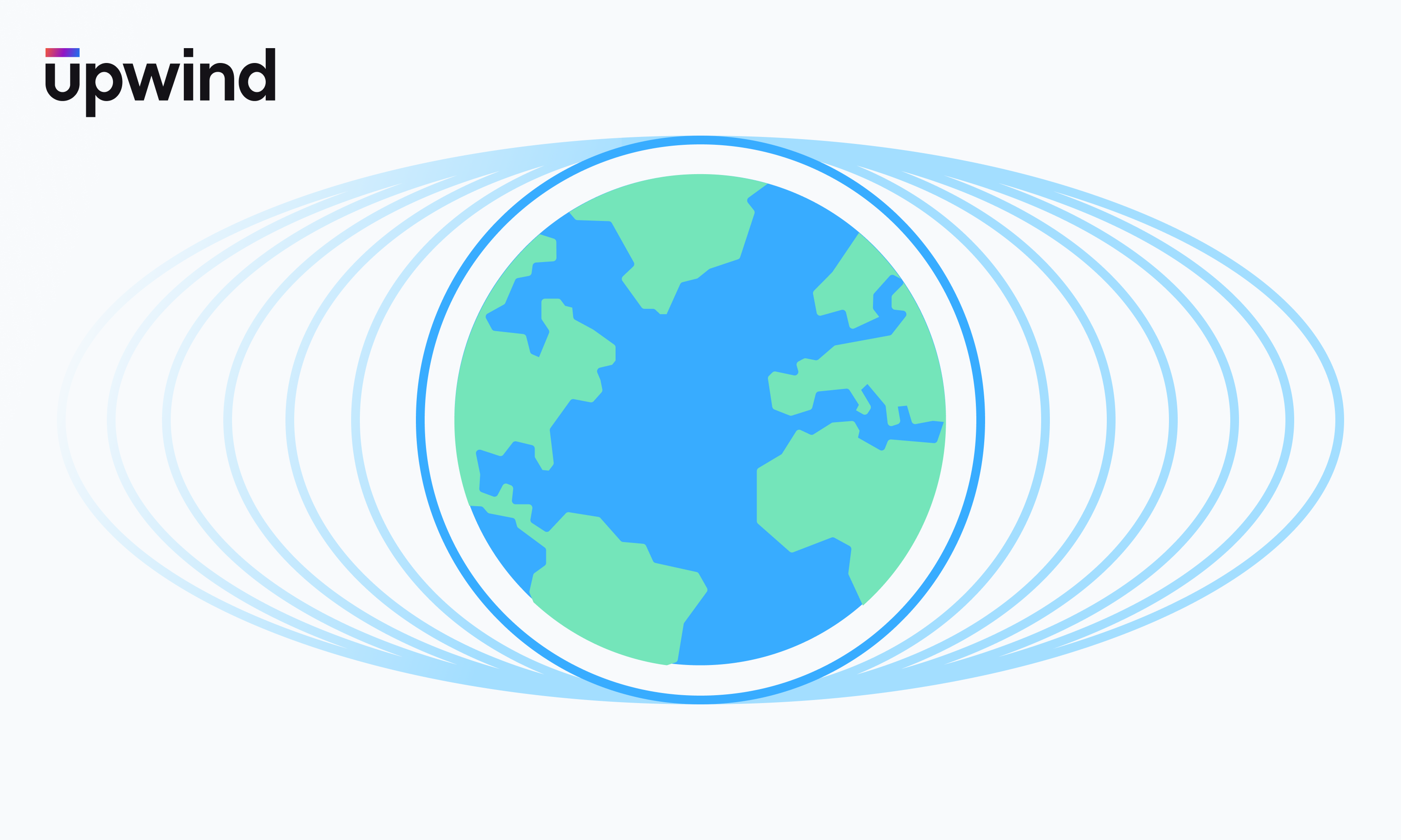 Illustration of a stylized Earth with blue continents and green oceans, surrounded by overlapping blue ovals radiating outward. The word upwind is in the top-left corner on a light gray background.