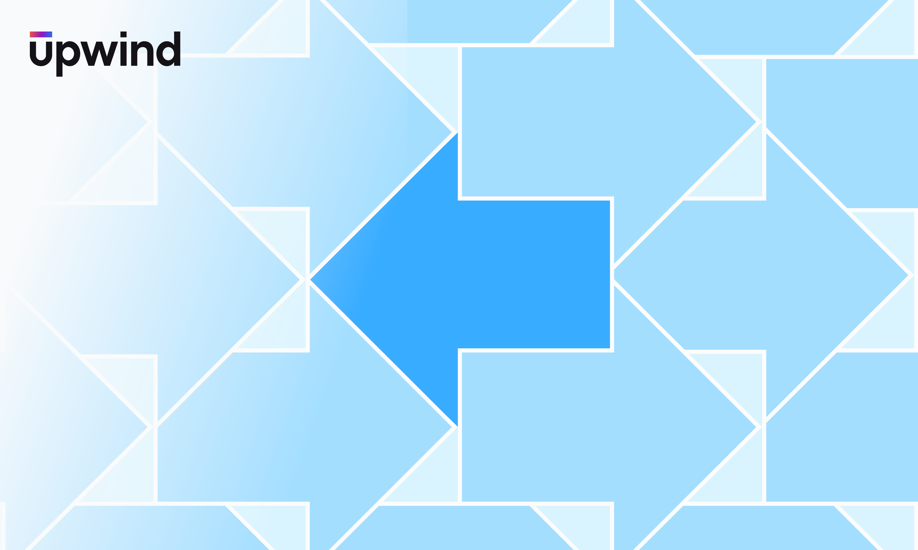 Geometric pattern of light blue arrows pointing right with one dark blue arrow pointing left in the center. The word upwind is in black at the top left corner. The background is white.
