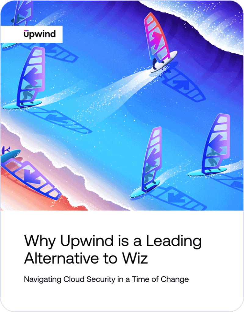 Surfboard-like devices with colorful sails glide through a digital cloudscape under vibrant hues. The Upwind logo is displayed, with text: Why Upwind is a Leading Alternative to Wiz - Navigating Cloud Security in a Time of Change.