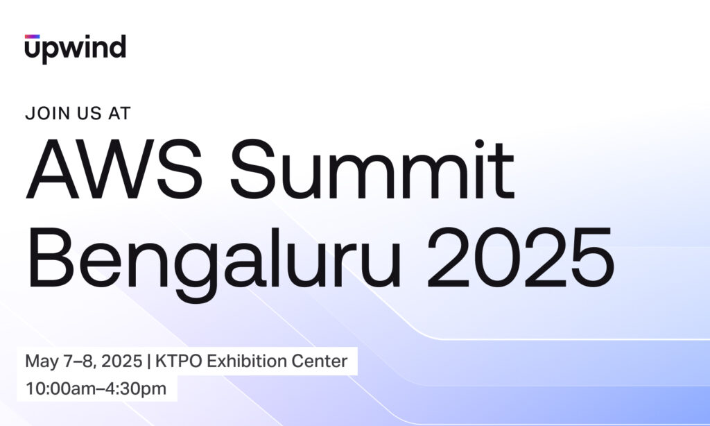 Event announcement graphic for AWS Summit Bengaluru 2025 by Upwind, taking place May 7–8, 2025, at KTPO Exhibition Center, from 10:00 am to 4:30 pm. Background features a gradient with abstract lines.