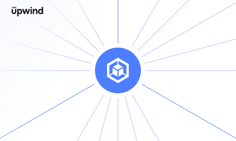 A blue circle with a white abstract cube logo in the center, radiating thin blue lines outward. The word upwind is in the top left corner on a white background.