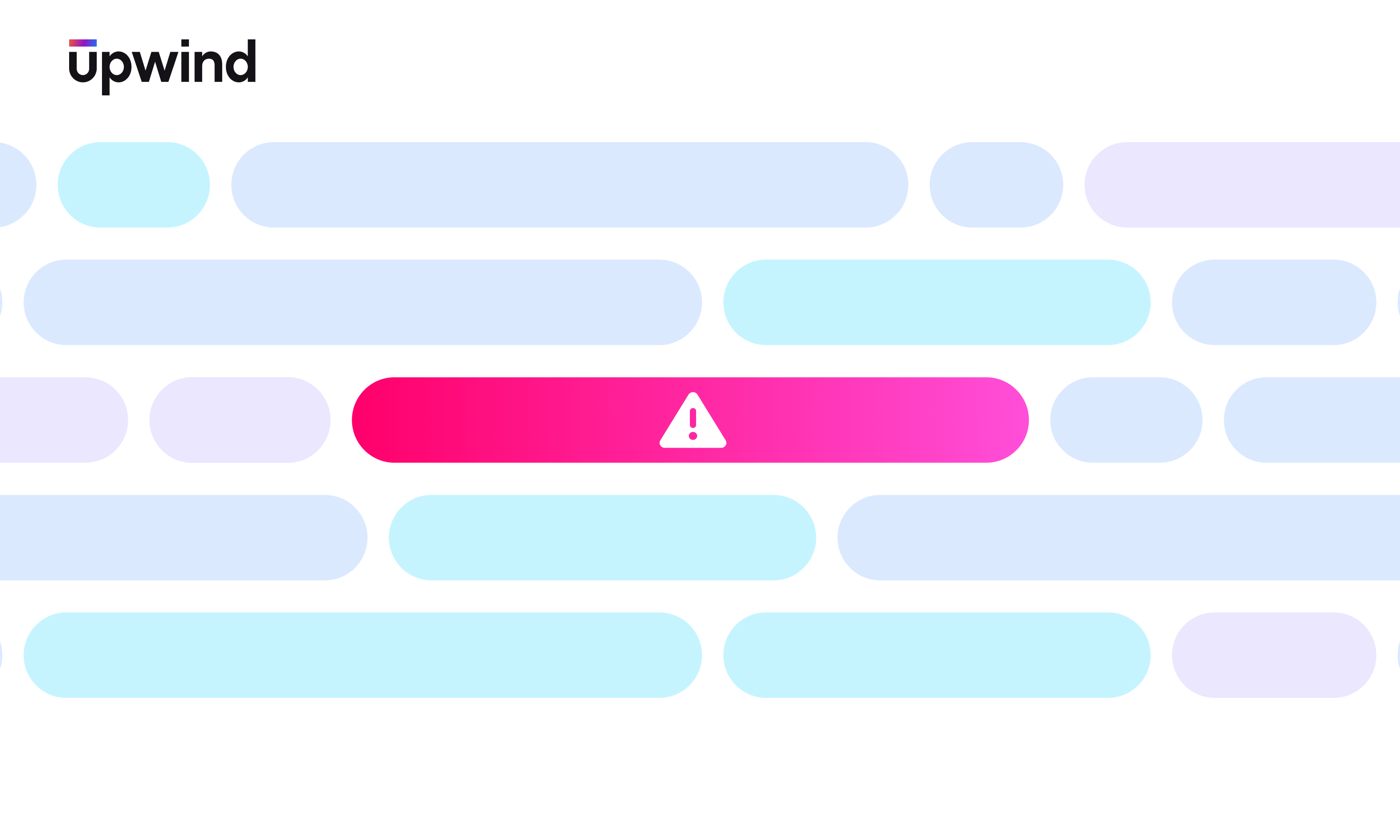 A graphic with the Upwind logo in the top left corner shows rows of rounded rectangles in shades of blue and purple. A bright pink bar with a warning symbol appears in the center.
