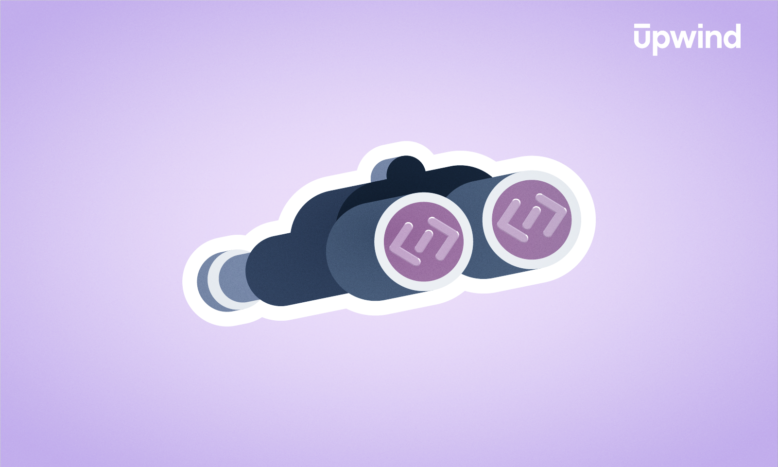 Illustration of binoculars on a light purple background with upwind in the top right corner. The lenses feature a stylized U logo, symbolizing clear vision when exploring SAST vs DAST approaches.