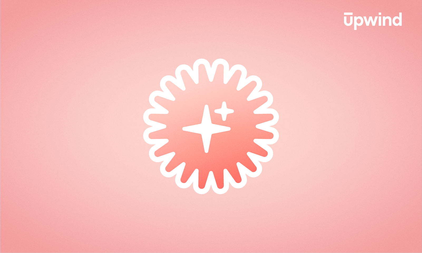 A white starburst icon with two sparkles is centered on a pink gradient background, evoking innovation in AI Threat Detection. The word Upwind appears in white text at the top right corner.