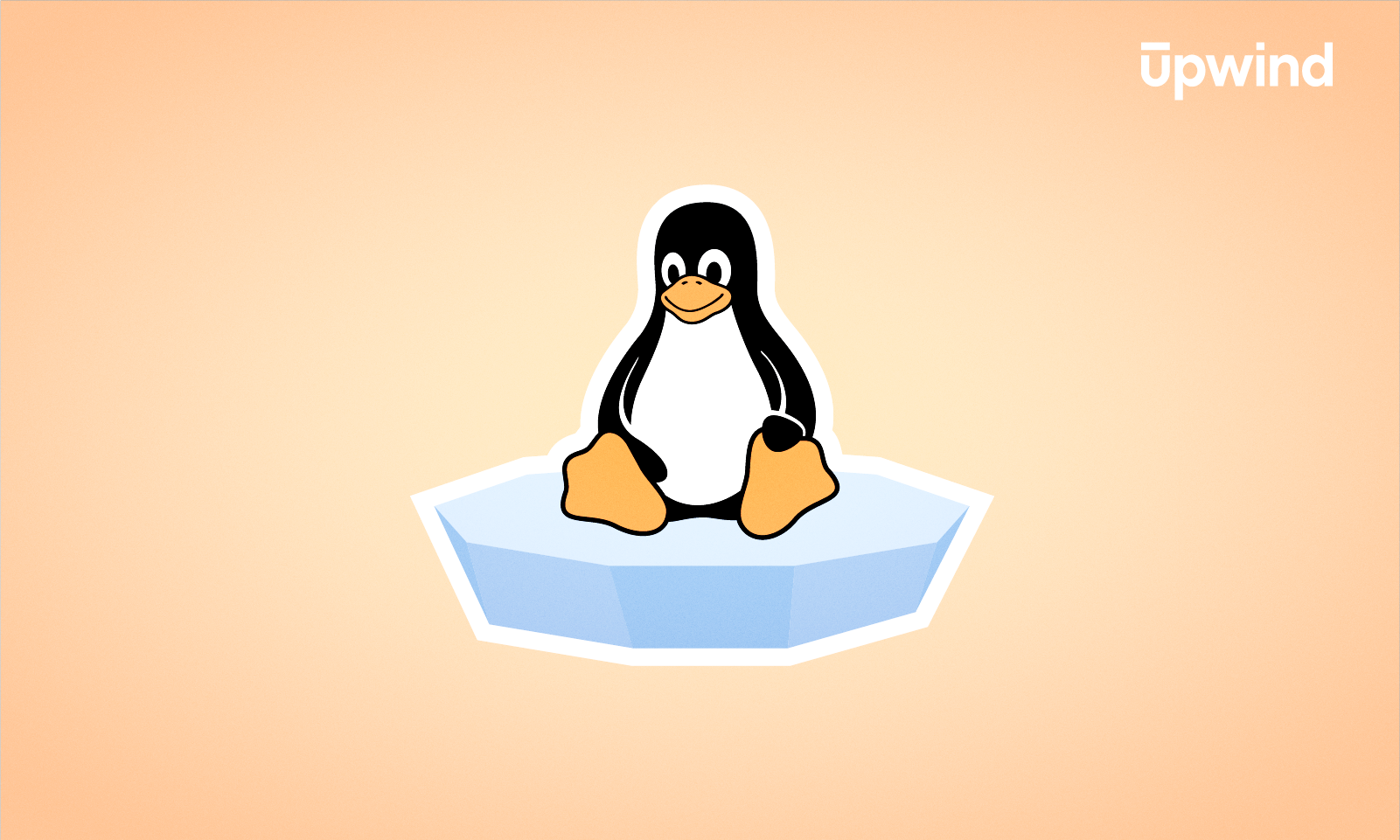 A cartoon penguin sits on a floating piece of ice against a pale orange background, with the upwind logo in the top right corner—a playful nod to “What is the Linux Kernel.”.