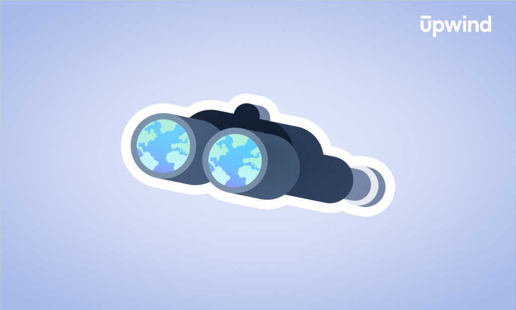 Illustration of binoculars with each lens showing an image of the Earth, set against a light blue background. The word upwind and the phrase XDR vs SOAR appear in the top right corner.