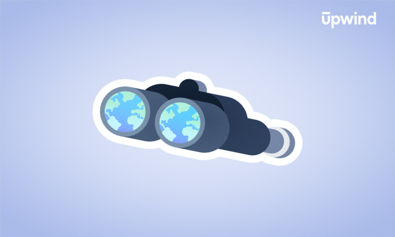 Illustration of binoculars with each lens showing an image of the Earth, set against a light blue background. The word upwind and the phrase XDR vs SOAR appear in the top right corner.