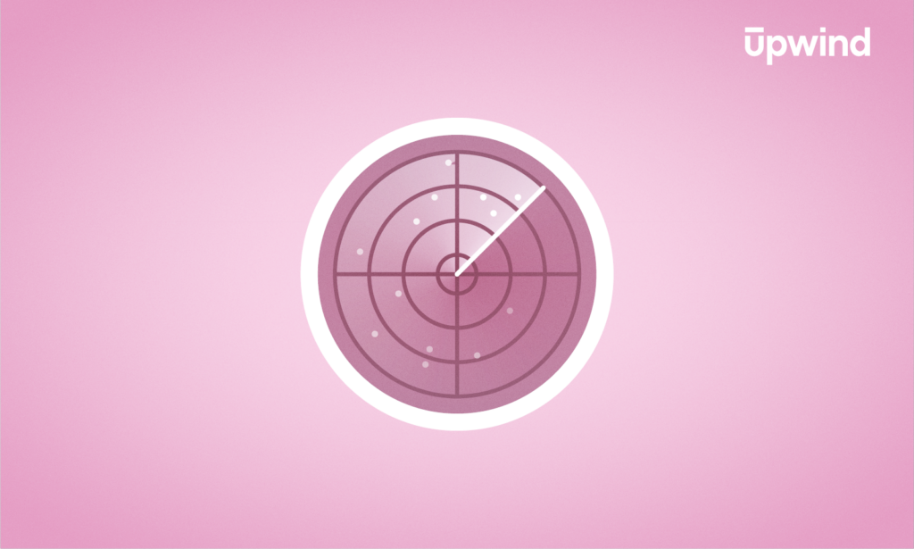 A pink radar screen with white dots and a rotating line is displayed on a pink background. The word upwind is in the top right corner, subtly hinting at cybersecurity themes like EDR vs. SIEM.