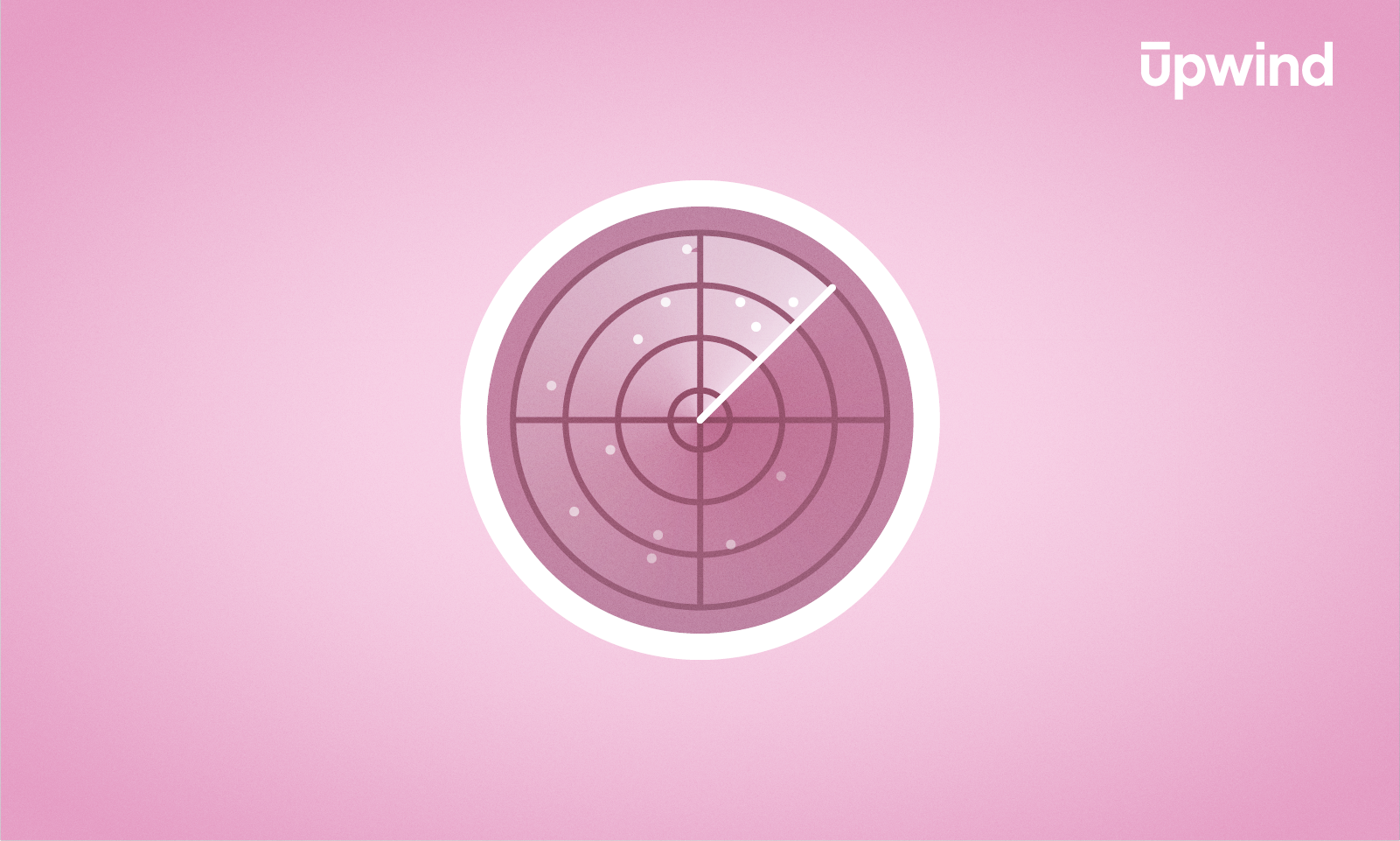 A pink radar screen with white dots and a rotating line is displayed on a pink background. The word upwind is in the top right corner, subtly hinting at cybersecurity themes like EDR vs. SIEM.
