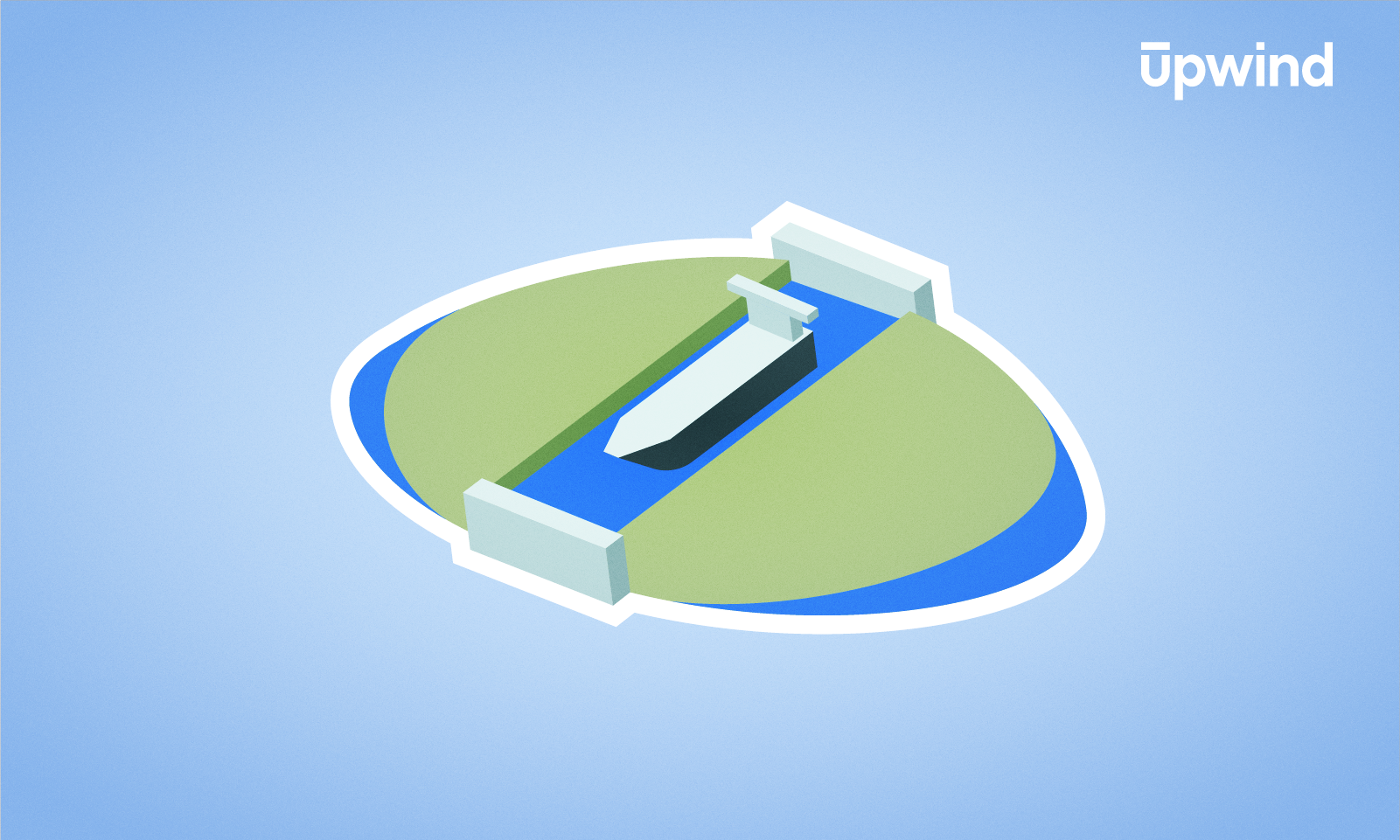 An illustration of a green and blue oval field with a white wind turbine blade in the center, surrounded by white structures. The upwind logo is in the top right corner on a light blue background.