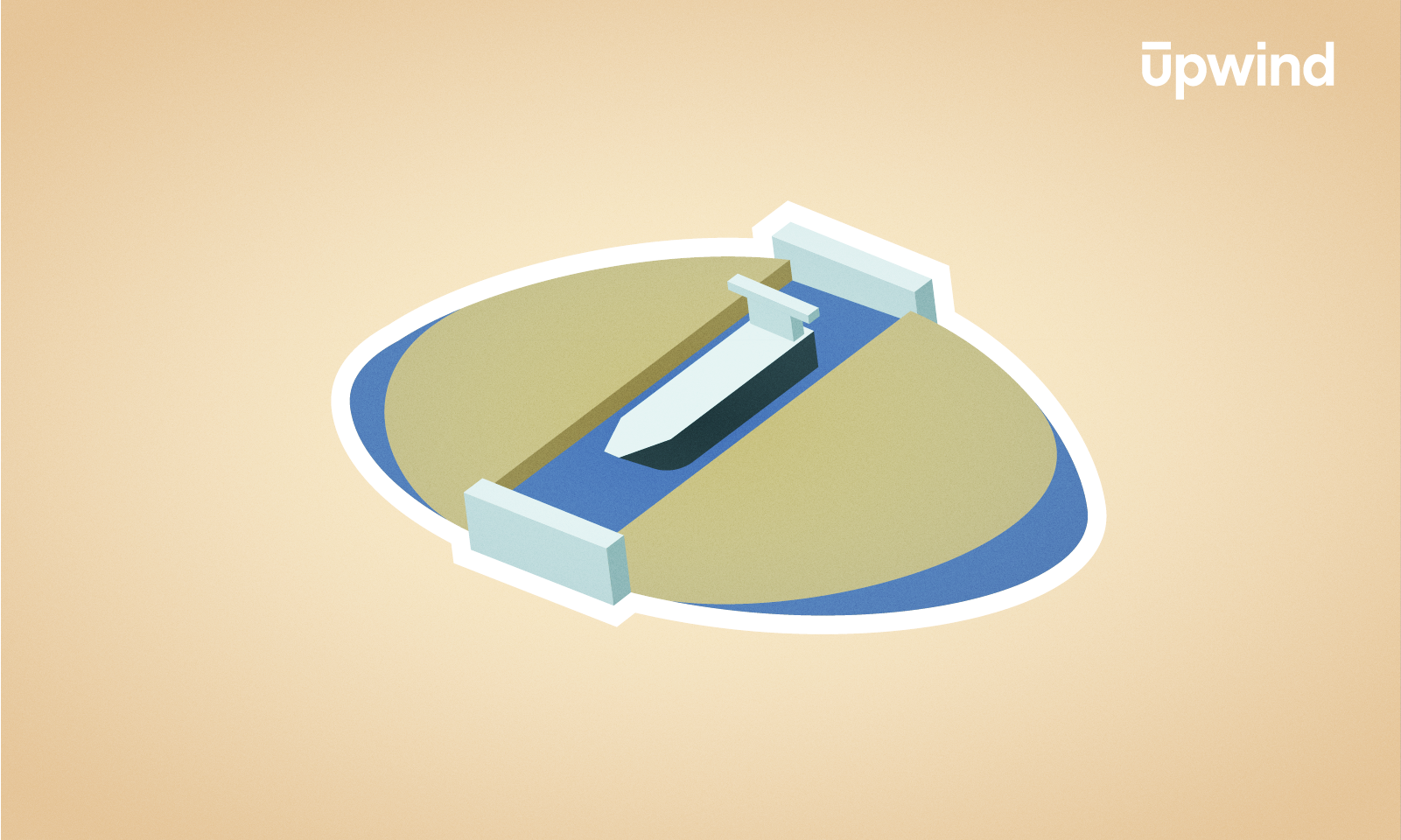 A stylized illustration of a pen lying horizontally across an oval shape with blue and tan sections, on a light beige background. The upwind logo appears in the top right corner.