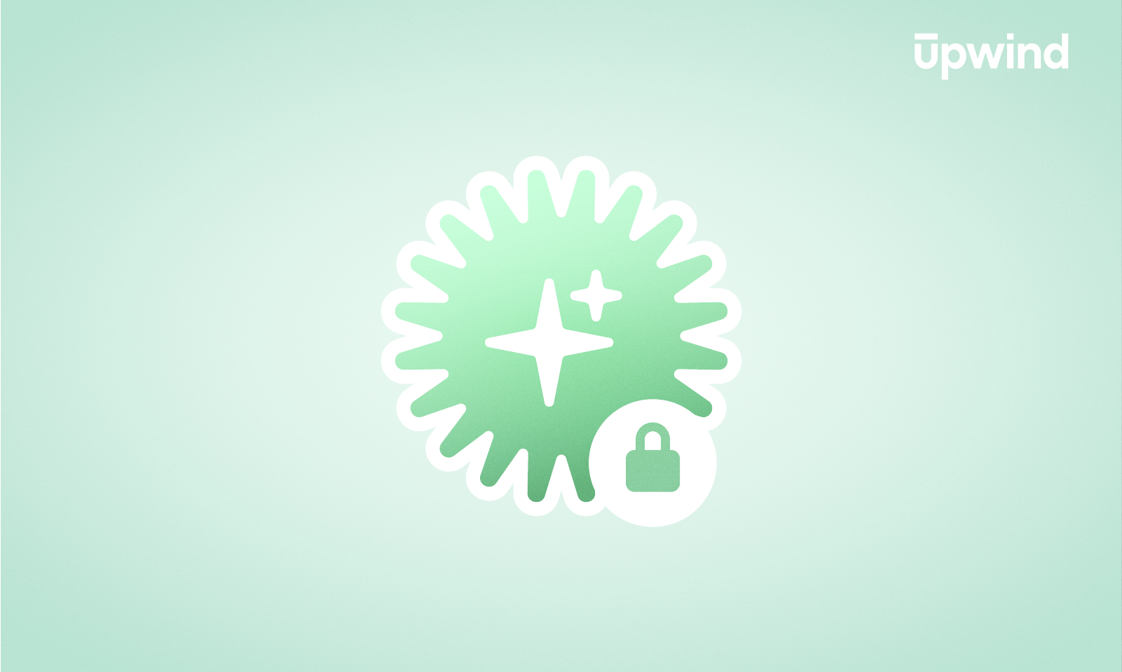 A green abstract starburst shape with sparkles and a padlock icon overlay, set against a light green gradient background. The word upwind appears in the top right corner.