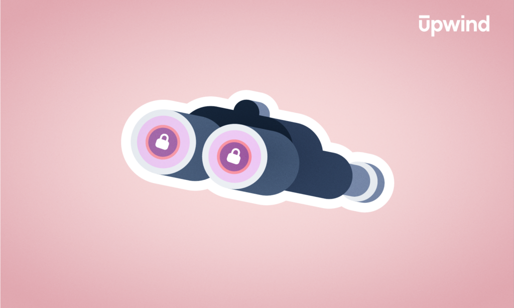 Illustration of binoculars with padlock icons in each lens on a pink background; the word upwind is in the top right corner.
