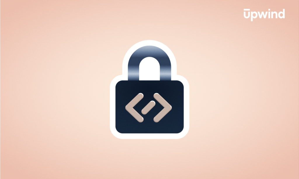 A padlock icon with code brackets in the center, symbolizing secure coding, on a peach gradient background. The word upwind appears in the top right corner.