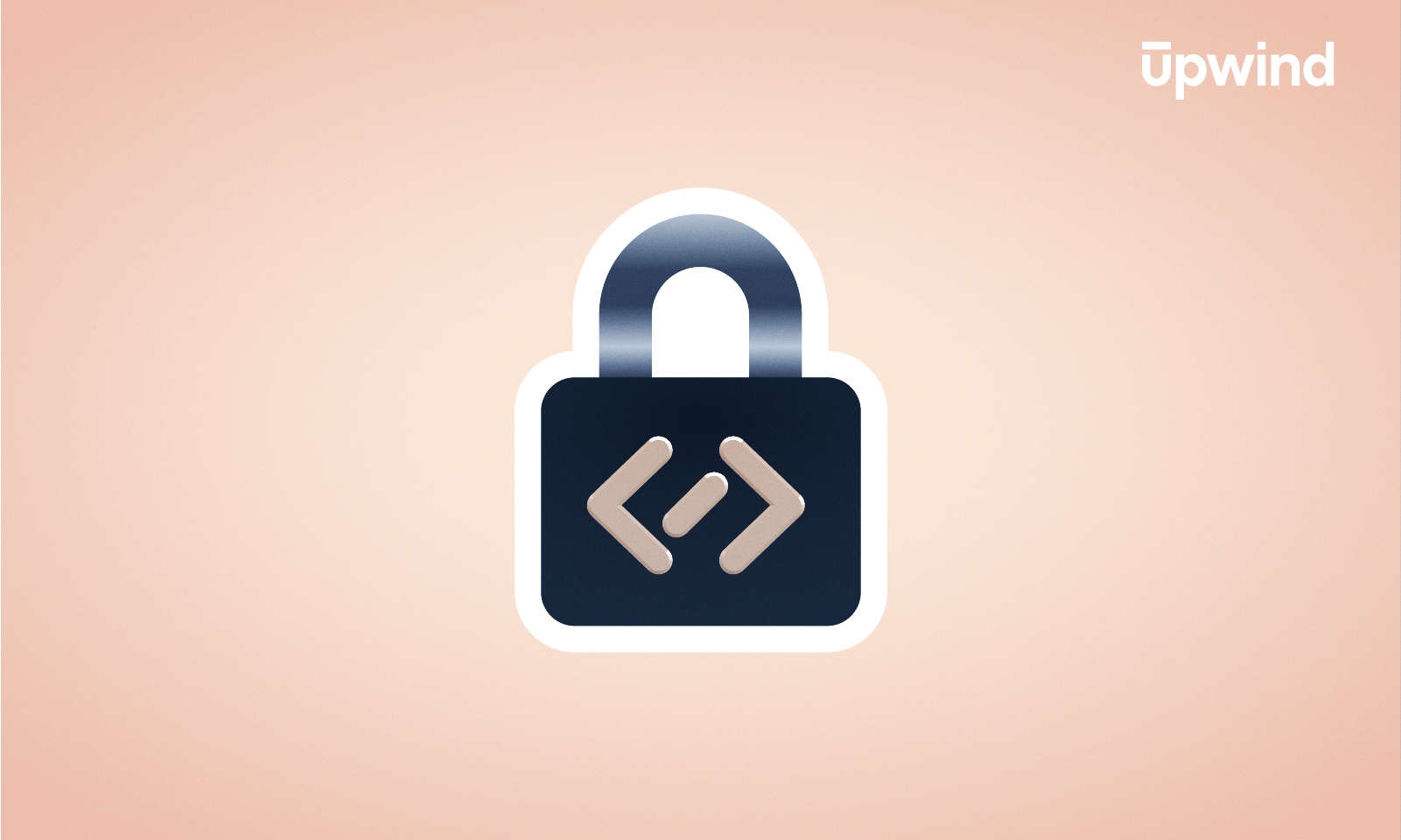 A padlock icon with code brackets in the center, symbolizing secure coding, on a peach gradient background. The word upwind appears in the top right corner.