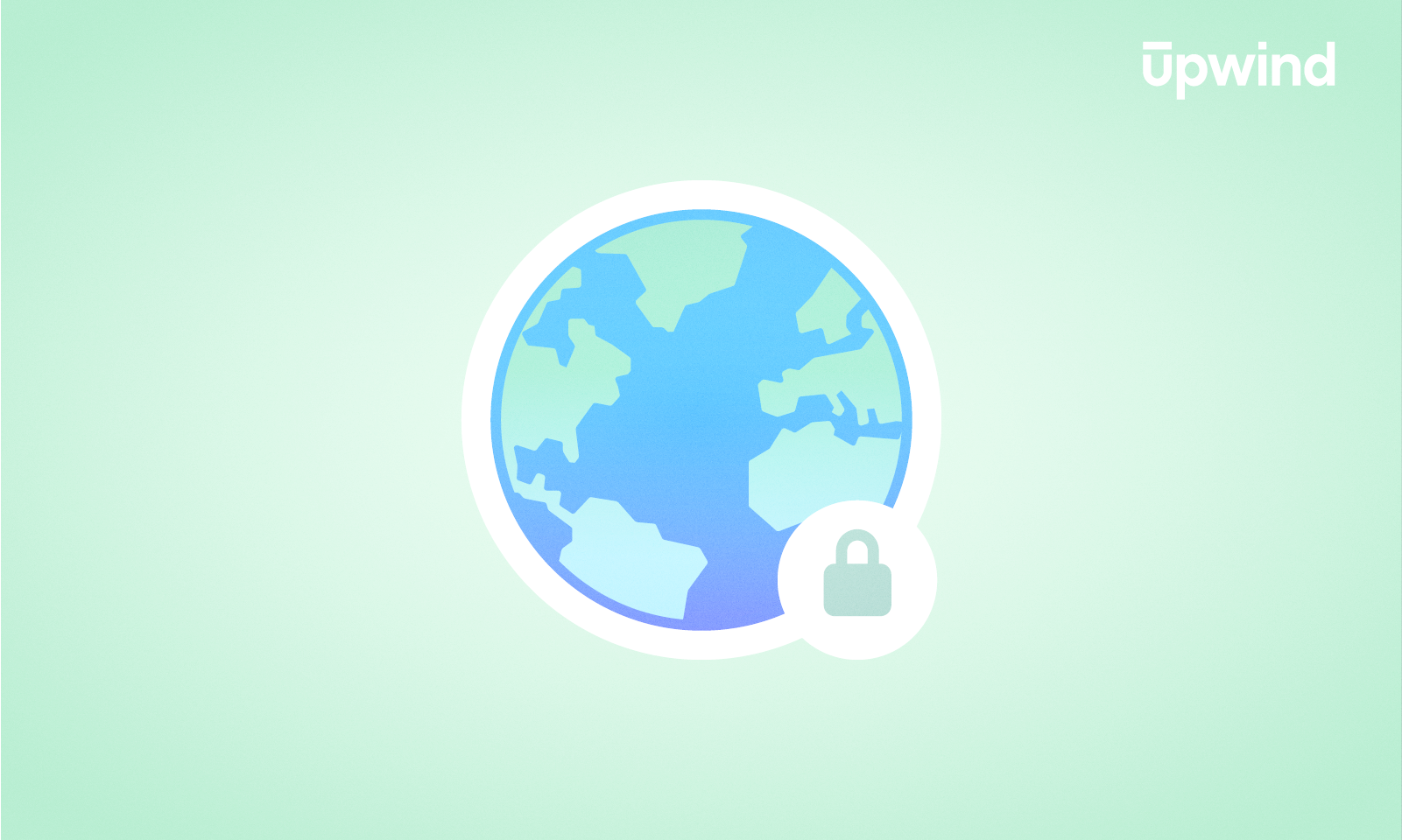 A stylized illustration of Earth with a padlock icon over it, symbolizing global security, on a light green background. The word upwind appears in the top right corner.