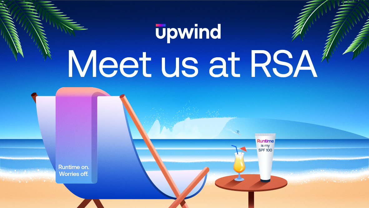 A beach scene with a deck chair, towel, palm leaves, a table with a drink, and sunscreen labeled Runtime is my SPF 100. Text above reads upwind and Meet us at RSA. Waves crash in the background under a blue sky.