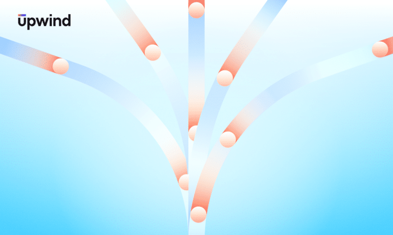 Blue and red gradient lines curve upward against a light blue background, intersected by orange circles. The word upwind with an underlined u appears in the upper left corner.