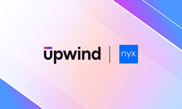 The image features the upwind logo with a colored bar above the u and the nyx logo in a blue box, separated by a vertical line, on a pastel gradient background with diagonal streaks.