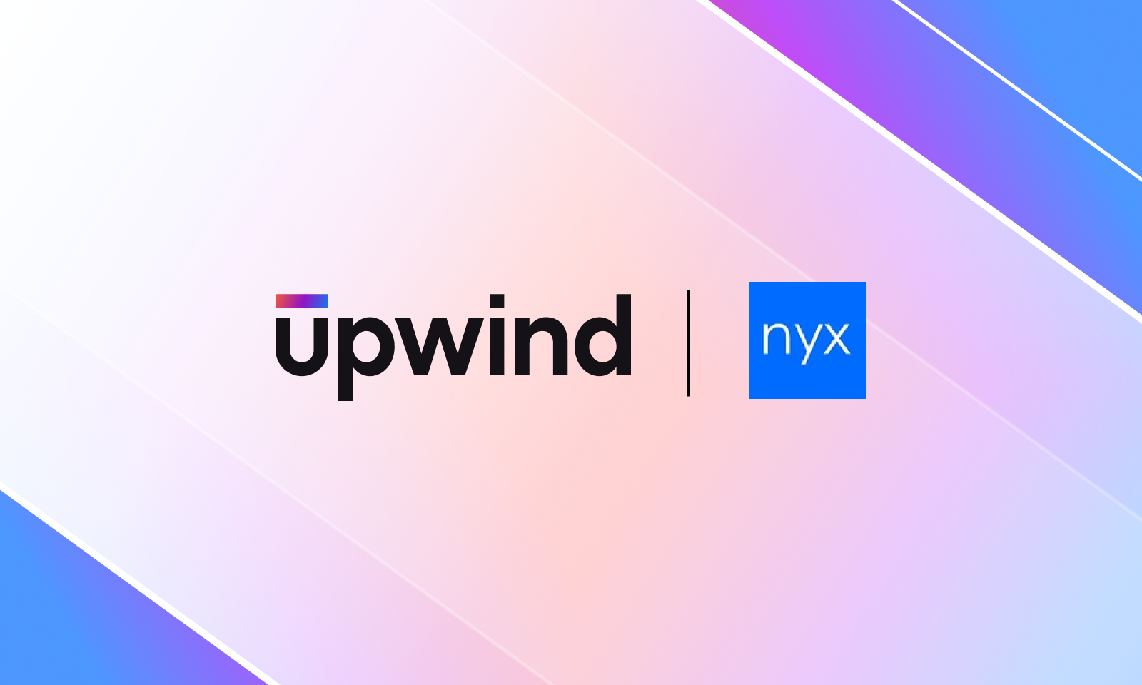 The image features the upwind logo with a colored bar above the u and the nyx logo in a blue box, separated by a vertical line, on a pastel gradient background with diagonal streaks.
