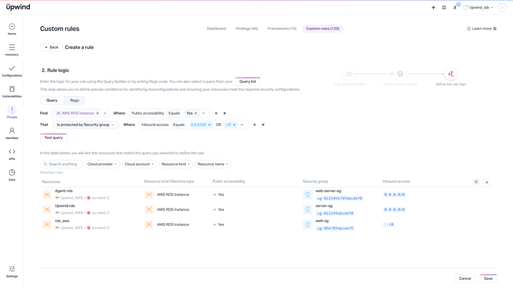 Screenshot of the Upwind application showing a Custom rules section. The interface displays rule logic with query filters, including Instance type, Provider, Public accessibility, and Inbound access. A table lists specific AWS instances and security groups.