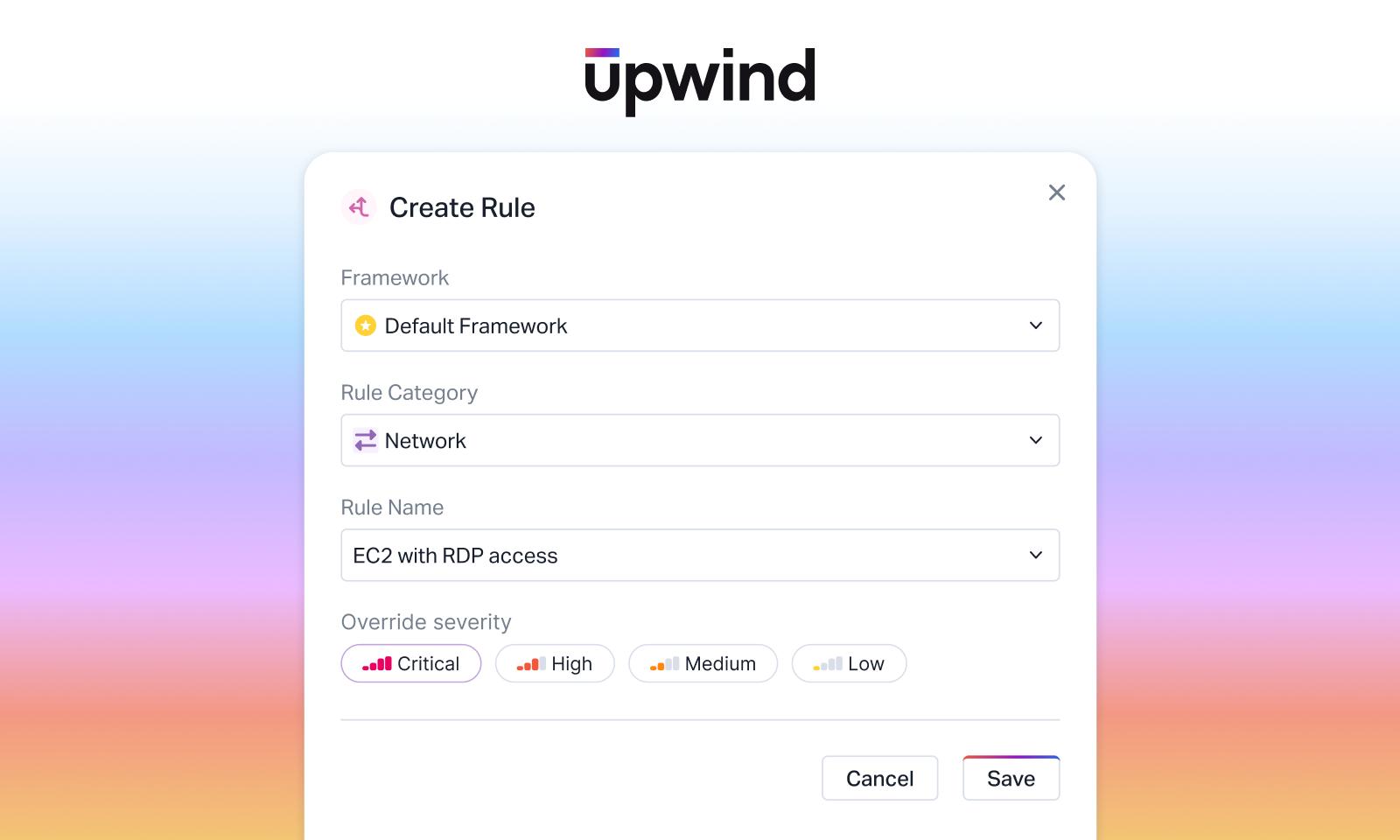 A user interface for creating a rule in Upwind, showing options to select a framework, rule category, rule name, and override severity level. Buttons for Cancel and Save appear at the bottom.