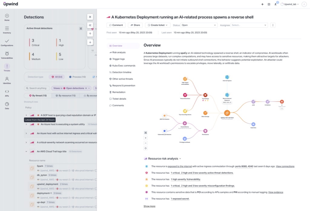 A CNAPP's risk analysis tab can show connected resources, for clear visibility into what is talking to what, where, and how it's exposed to the internet and what vulnerabilities exist in the ecosystem.