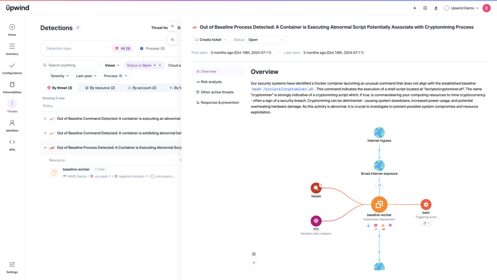 EDR can analyze behavioral anomalies on endpoints. This CNAPP uses behavioral analysis to detect anomalies in assets running in the cloud, from strange login patterns to uncharacteristic requests or usage spikes, and can correlate that activity with vulnerabilities to identify attack paths and shut them down.