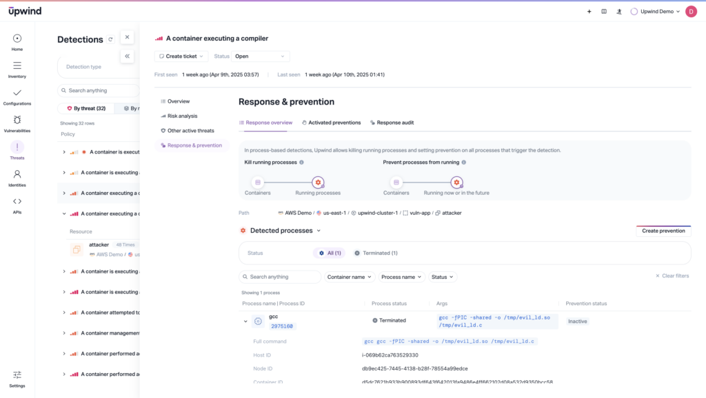 In this CNAPP, behavioral analysis of anomalies at runtime leads to a killed process in real time, before a malicious process can lead to a breach, just as SOAR might take XDR anomaly detection and kill a problematic process.