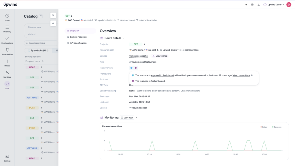 This API endpoints viewer shows APIs with unauthenticated endpoints, and APIs associated with sensitive data. In a world where most tools monitor only declared APIs, automatic observability can help identify shadow APIs and other overlooked risks.