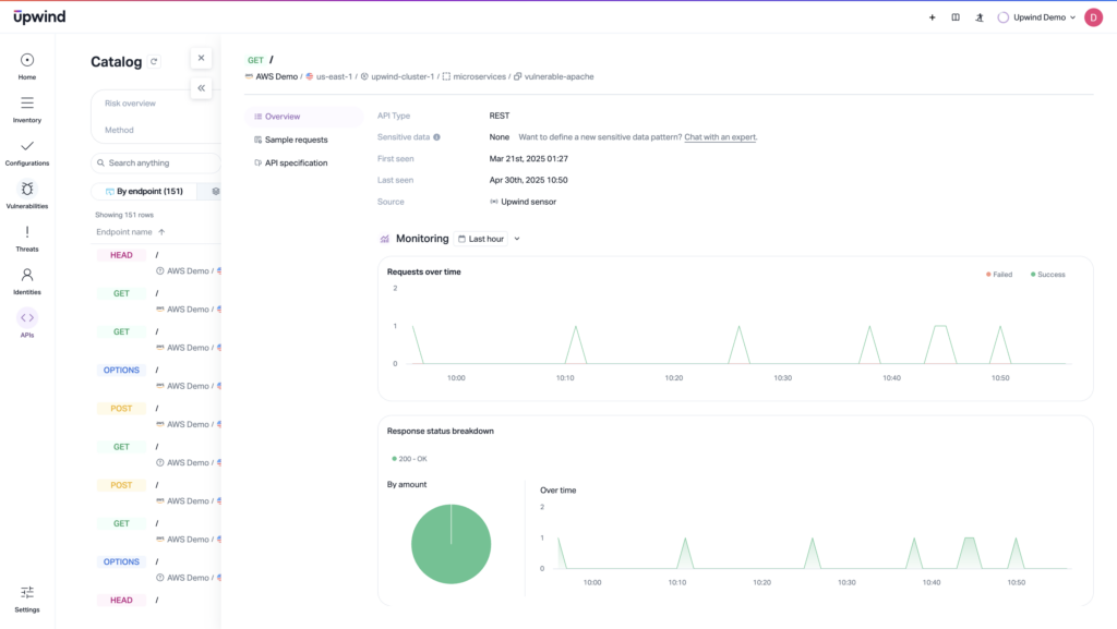 Which services are calling which APIs most actively? Which ports and protocols are serving traffic? Which external actors are involved? It’s all important for not only seeing APIs but prioritizing risk, mitigating anomalies, and detecting abuse.