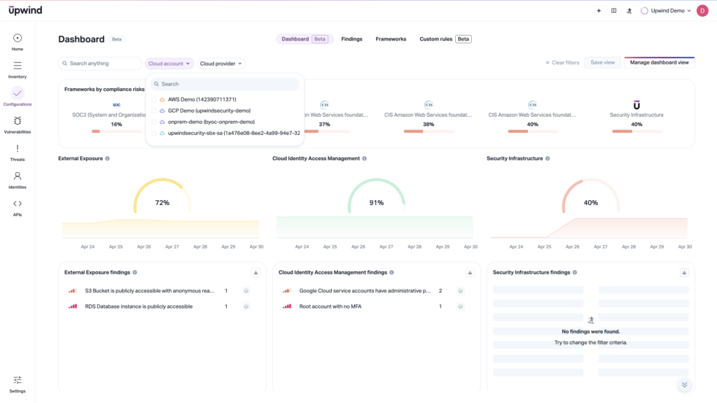 This CNAPP shows compliance posture per cloud service or environment mapped to benchmarks so teams can understand what AWS covers, and what they still need to remedy within each service.