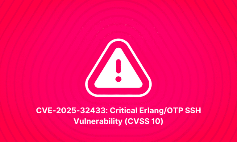 A white warning icon with an exclamation mark is centered on a bright pink, patterned background. Below it, text reads: CVE-2025-32433: Critical Erlang/OTP SSH Vulnerability (CVSS 10).