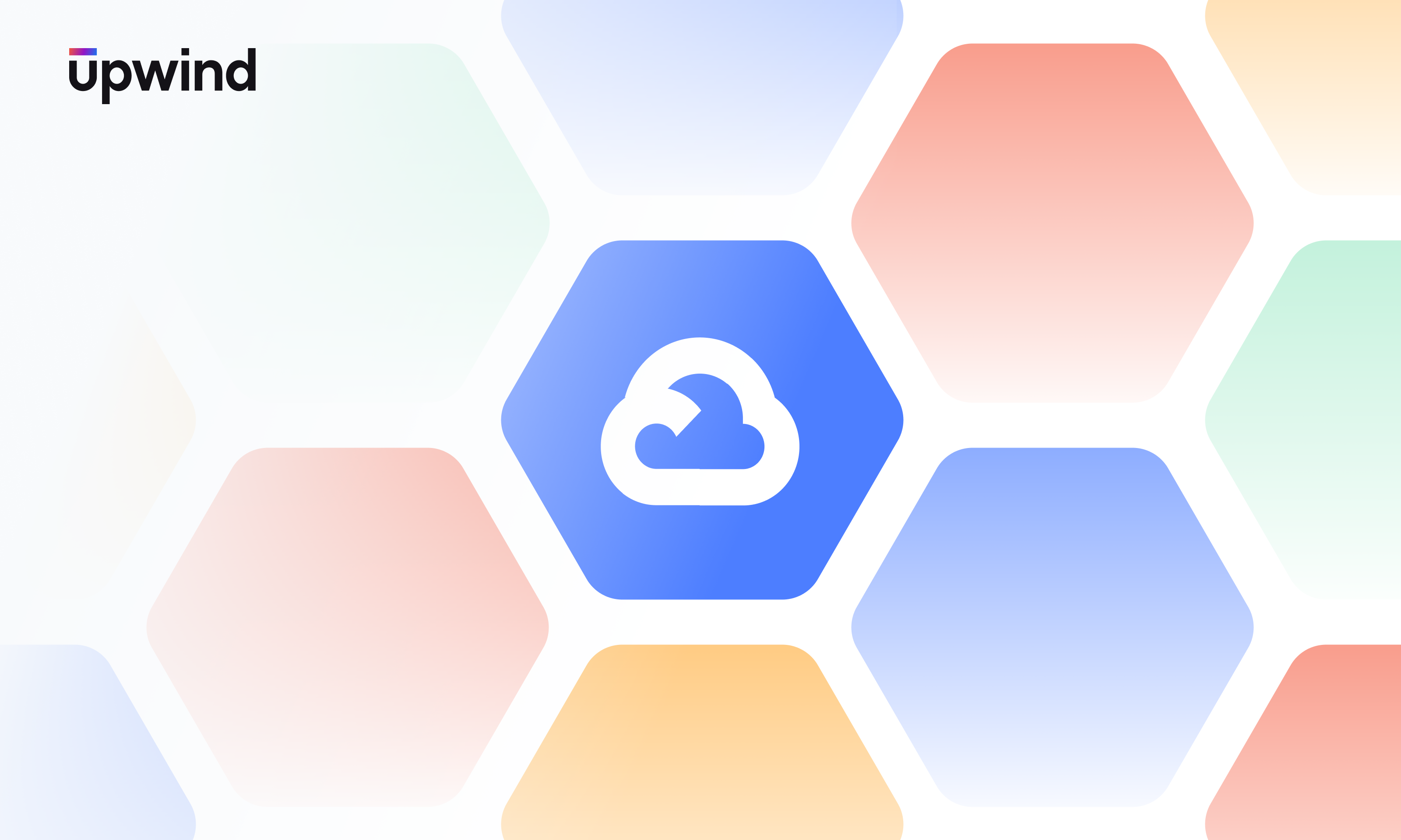 A pattern of hexagons in pastel colors with a cloud symbol inside a central blue hexagon. The word Upwind appears in black text in the top left corner.