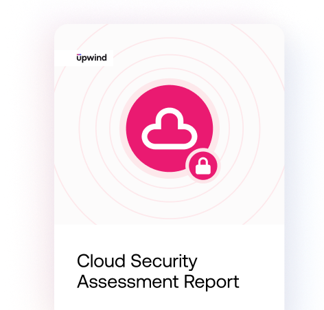 A report cover featuring a pink cloud icon with a padlock, representing security, and the title Cloud Security Assessment Report below. The logo Upwind is at the top left.