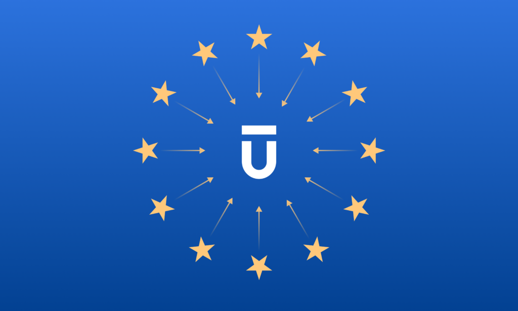A white Ū symbol is centered on a blue background, surrounded by twelve yellow stars with arrows pointing outward from the symbol to each star, resembling the EU flag with a modern twist.